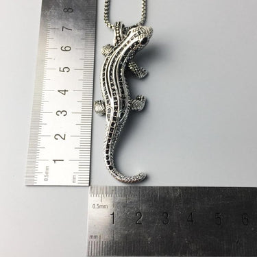 Silver & Zirconia Tribal Patterned Gecko Pendant Necklace